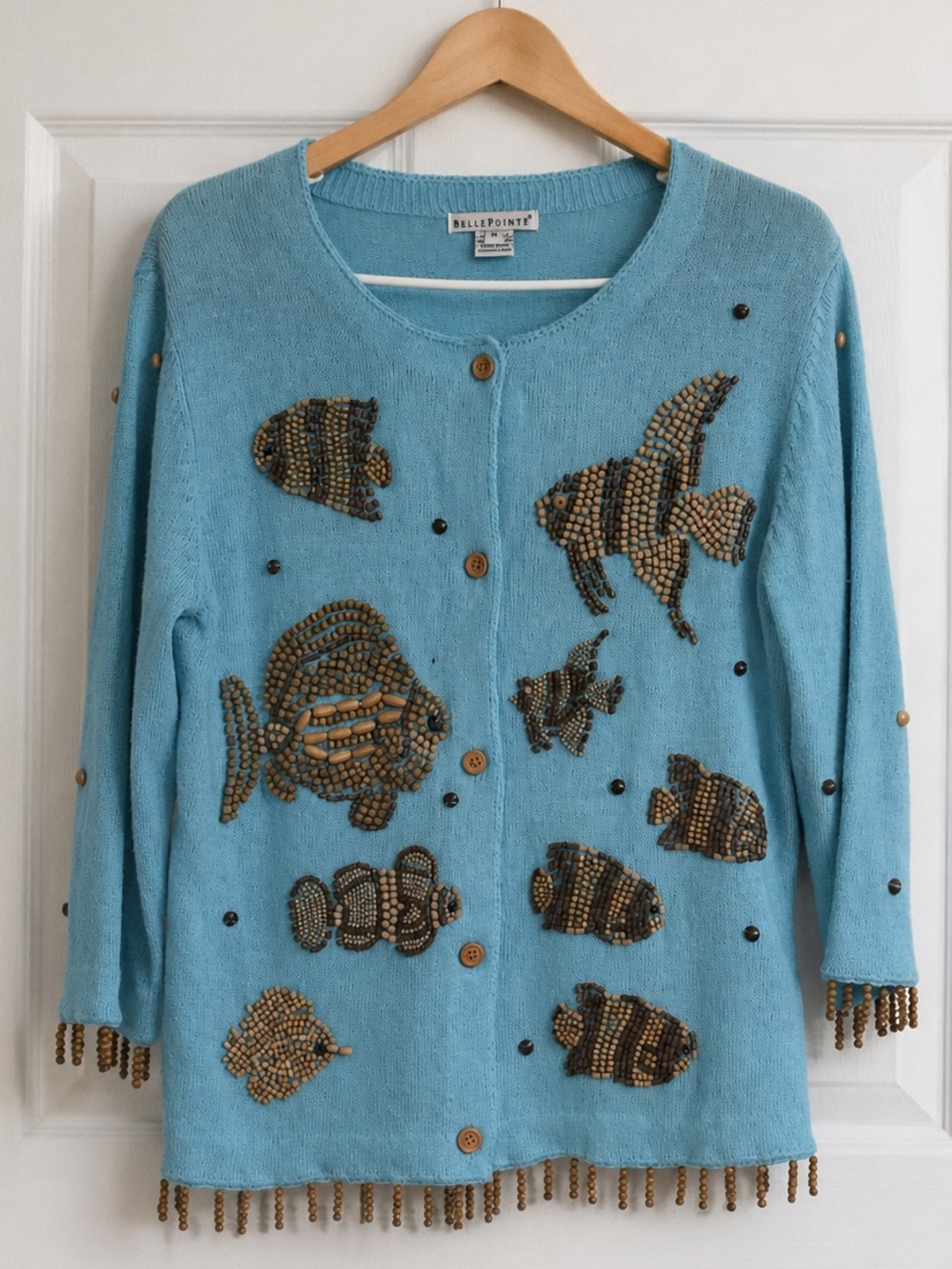 BellePointe Tropical Fish Beaded Cardigan Sweater Linen Cotton Aqua Blue M